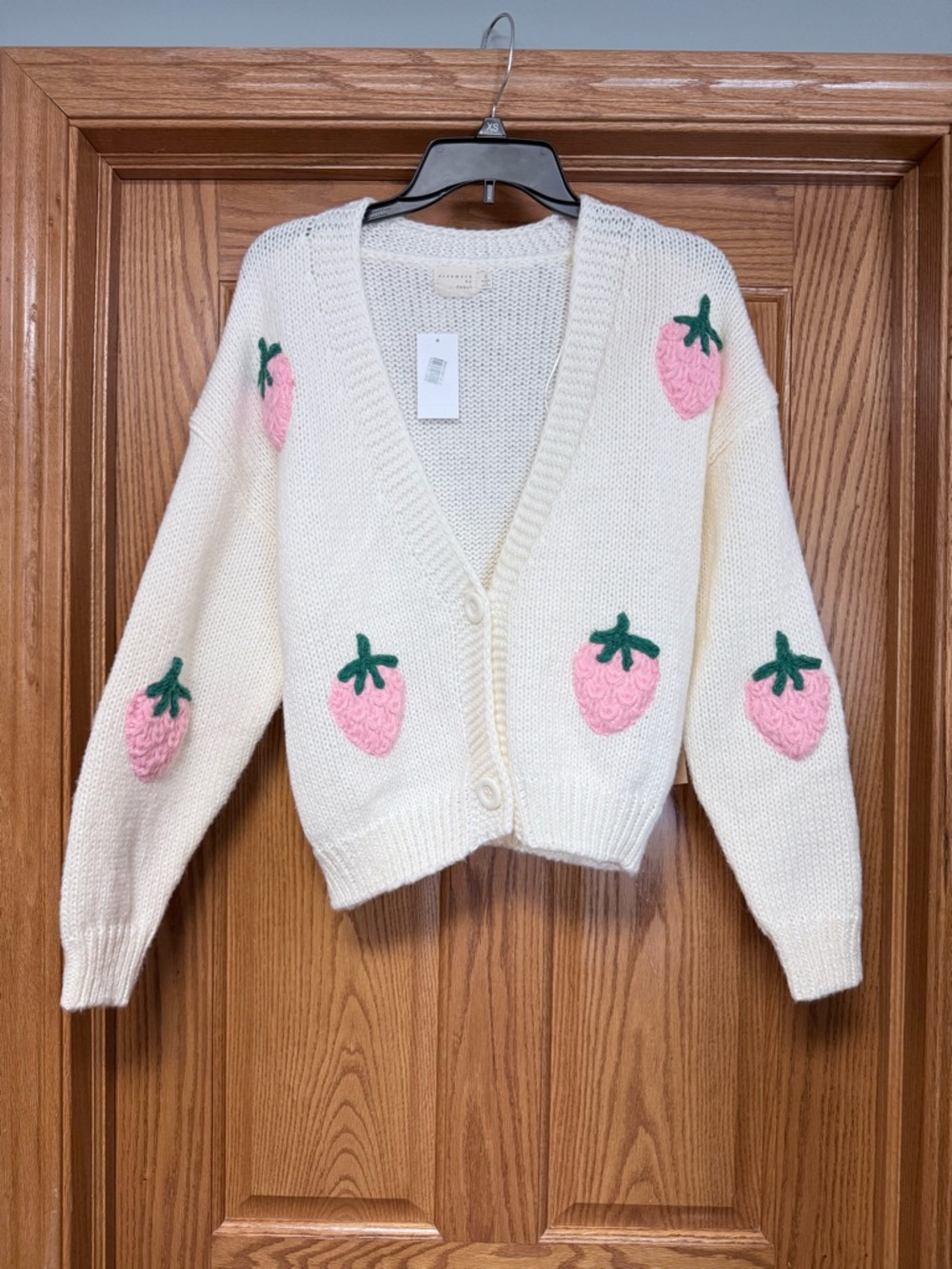 Dry Goods Cream Knit Cardigan with Pink Strawberry Appliqués